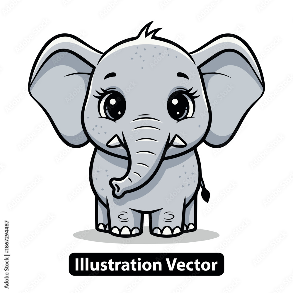 Fototapeta premium Cute cartoon baby elephant illustration vector with big expressive eyes and flapping ears
