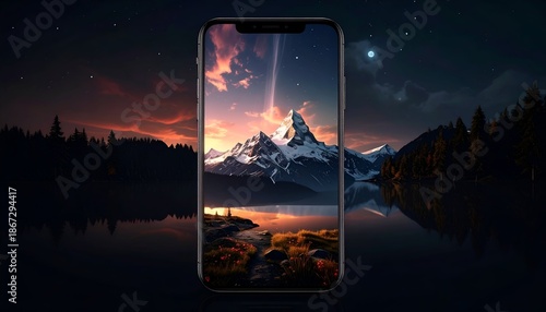 Stunning mountain landscape displayed on a smartphone screen at night.