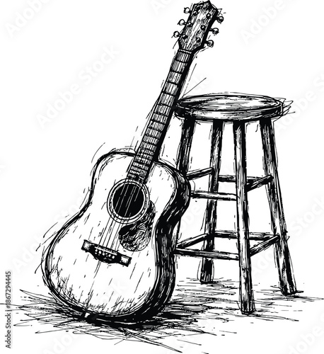 Acoustic guitar and wooden stool ink sketch drawing vector illustration