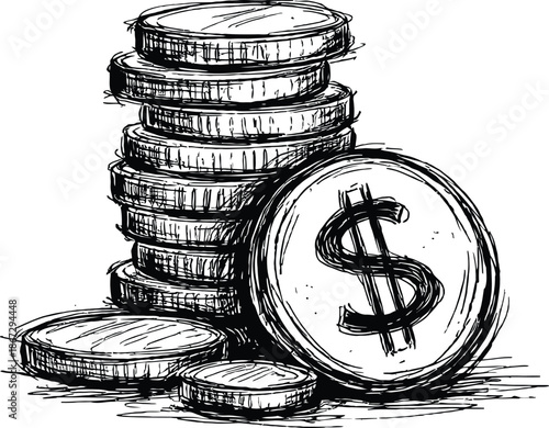 Sketch drawing of a tall stack of dollar coins and money symbol for finance concept vector illustration