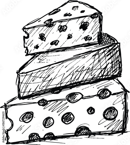 Stacked Cheese Slices Hand Drawn Sketch Doodle Black and White Vector Illustration of Three Swiss Cheese Wedges with Holes
