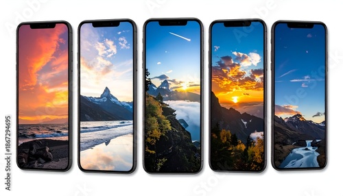 Five smartphones displaying beautiful landscape wallpapers against a white background.