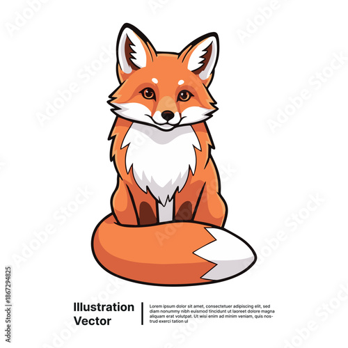 Cute Sitting Fox Illustration with Fluffy Tail and White Chest Fur