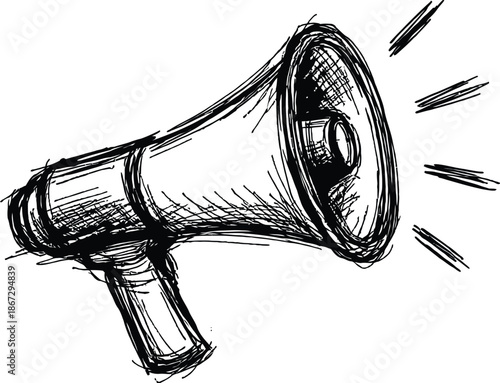 Hand drawn vector sketch of a megaphone or bullhorn announcing loudly Black and white doodle style for communication alert protest noise