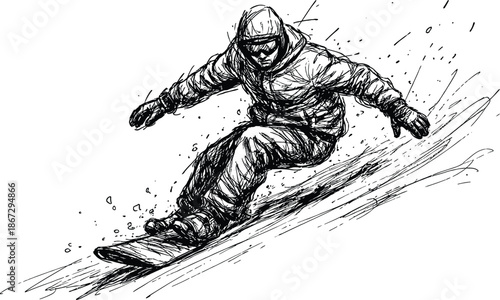 Black and white hand drawn sketch illustration of a snowboarder riding downhill in dynamic action style