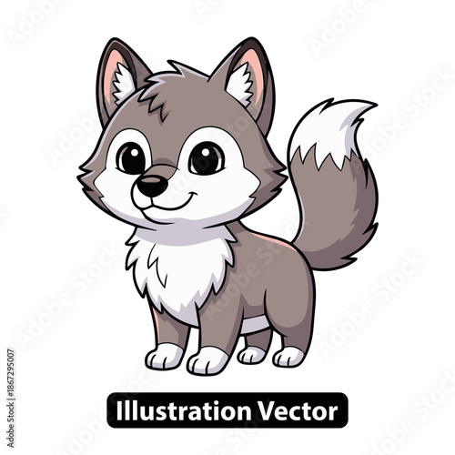 Adorable cartoon wolf pup standing cheerfully, a charming illustration perfect for children's designs and animal themes