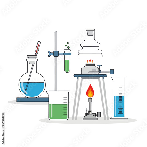 Chemistry Lab Equipment: Beakers, Flasks, Burner, Thermometer, Graduated Cylinder