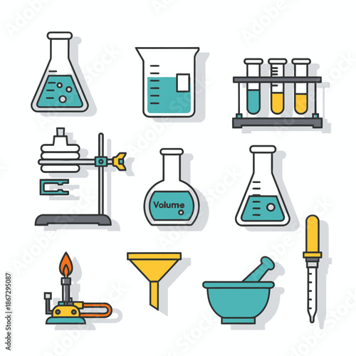 Science Lab Equipment Icons: Flasks, Beakers, Burner, Pipette, Mortar, Funnel