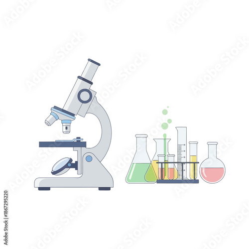 Microscope and laboratory glassware with colorful liquids and bubbles, science research concept.