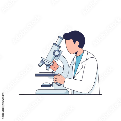 Scientist in lab coat looking through a microscope, illustration