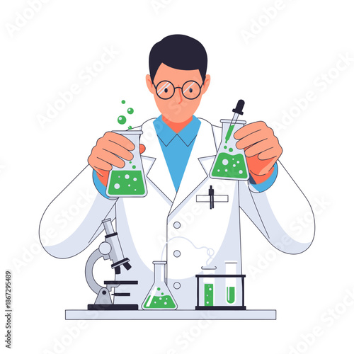 Scientist Holding Flasks with Green Liquid, Microscope and Lab Equipment