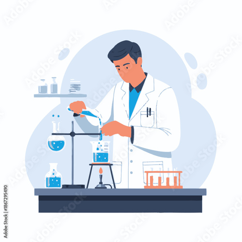 Scientist conducting experiment in laboratory with glassware and blue liquid