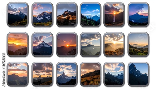 Collection of Mountain Landscape Icons with Varied Lighting and Atmospheric Conditions.