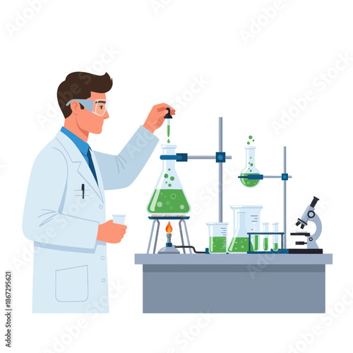 Scientist conducting experiment with green liquid in laboratory glassware, close-up