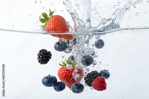A refreshing splash of strawberries, blueberries, raspberries, and blackberries in crystal water, symbolizing health, hydration, freshness, and vibrant summer fruit food photography.