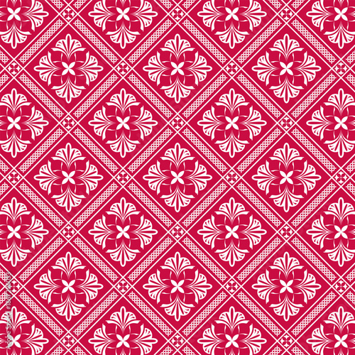 Seamless red and white geometric floral pattern. Vector illustration. Repeated decorative design.