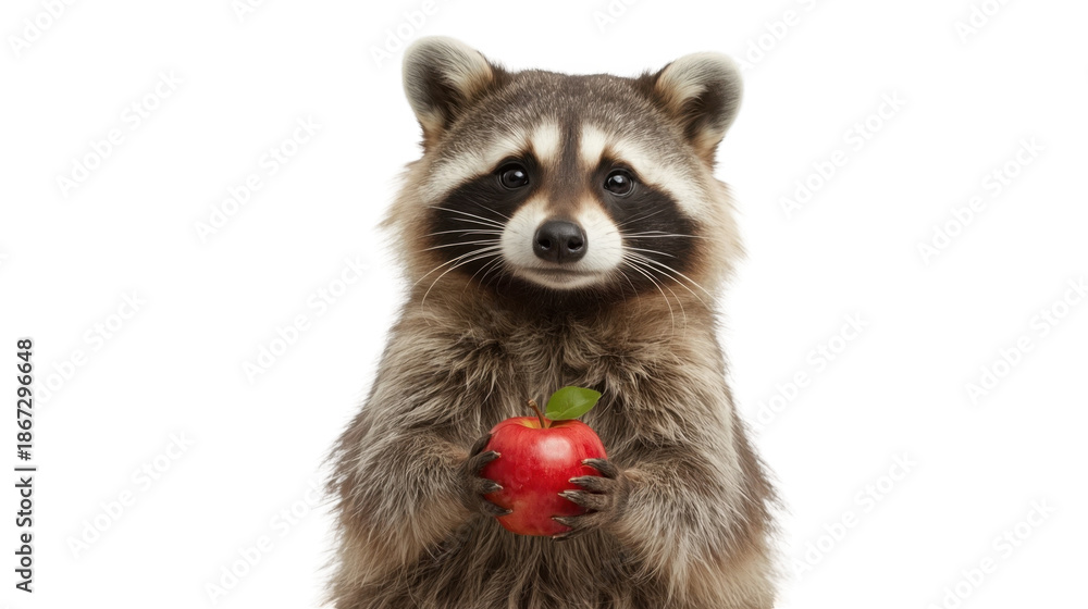 Obraz premium Friendly raccoon with a rounded face holding a shiny red apple on white background for design and print with cute and adorable and funny and humorous