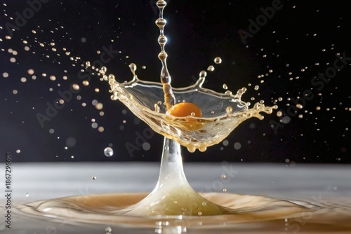 A high-speed capture of a liquid splash forming a crown around an orange ball, droplets suspended in motion against a dark background for striking contrast and drama.