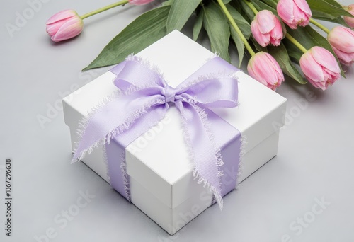 Elegant gift box with lavender ribbon and pink tulips on light background