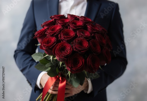 Young caucasian male holding bouquet of red roses with red ribbon