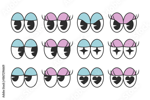 Cartoon eyes characters, cartoon eyes with emotion: happy, sweet, in love, embarrassed, angry, shy. Vector illustration.