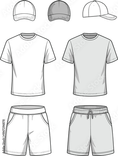 Flat design illustrations of white and grey baseball caps t-shirts and shorts Keywords: clothing, apparel, fashion, t-shirt