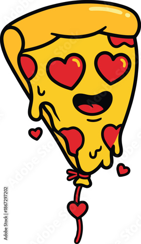 Smiling Heart-Eyed Pizza Slice Floating as Valentine Balloon Vector Illustration, full Customizable design. isolated on transparent background
