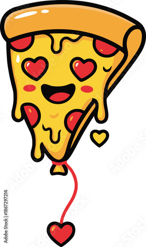 Cheerful Valentine Pizza Slice Floating with Heart String Cute Food Vector, full Customizable design. isolated on transparent background