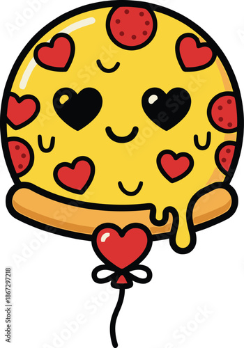 Cartoon Whole Pizza Transformed into Valentine Balloon with Hearts Vector Graphic, full Customizable design. isolated on transparent background