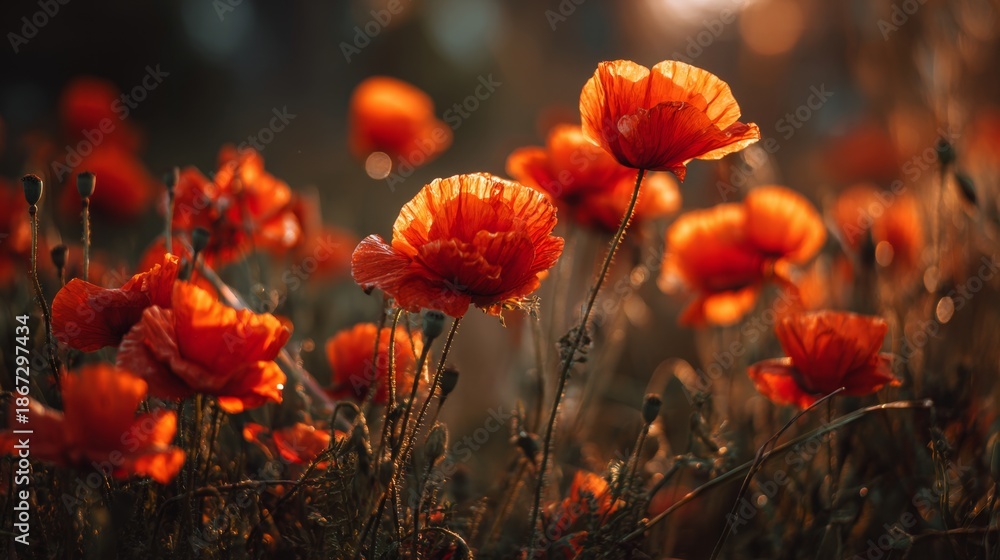 Obraz premium Poppies blooming in field wildflower photography style warm golden sunlight, delicate petals, natural beauty, peaceful atmosphere, vibrant orange flowers