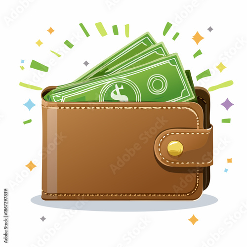 A vibrant illustration of a brown wallet overflowing with green banknotes, radiating success, symbolizing financial prosperity, growth, and wealth