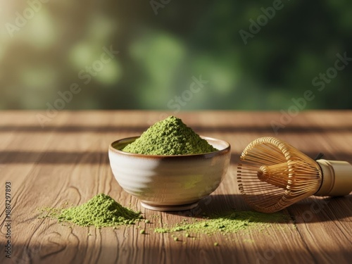 Matcha green tea powder in a bowl with a bamboo whisk on a wooden table
