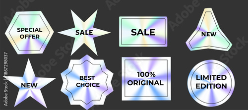 Hologram label, sticker in different shapes. Best choise, original product, limited edition and new. Blue and purple gradient shales set.