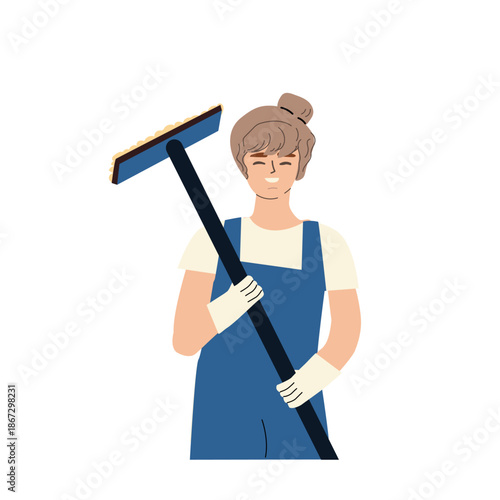 Cartoon woman cleaner caucasian. Vector illustration isolated. Cartoon clean worker with mop tool. Homework concept.