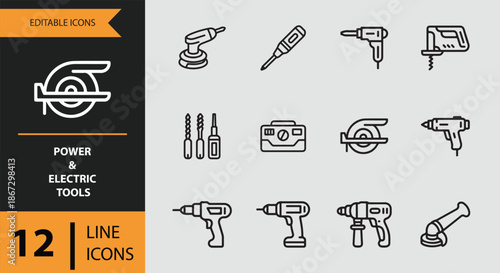 Essential power and electric tools a set of 12 editable line icons for various applications