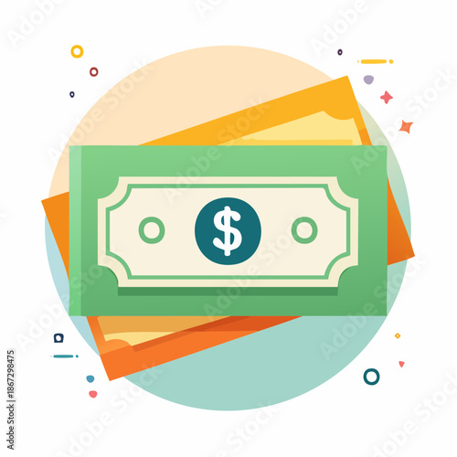 Vibrant illustration depicting two stylized dollar bills, representing financial success, economic stability, and the modern concept of wealth management and monetary transactions in a digital age