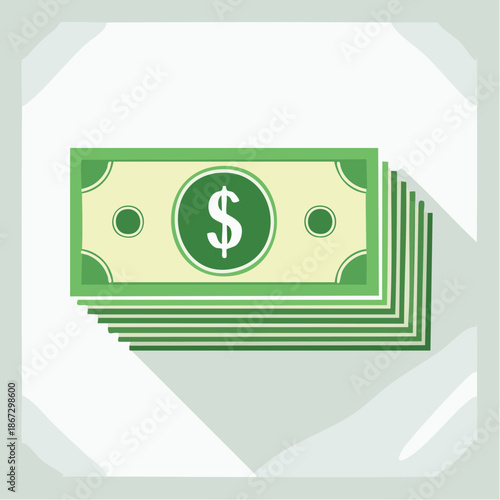 A stack of US dollar bills with a green border and white interior, featuring the dollar sign in the center, symbolizing wealth and financial success, presented in a clean, flat design illustration