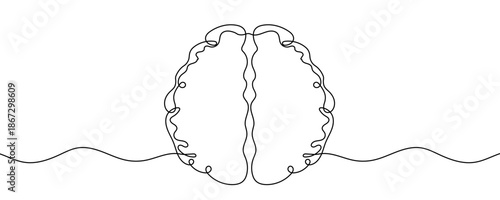 A stylized image of the human brain with two hemispheres and convolutions. A symbol of idea, intellect, science, and thought. Drawing in one line art style with editable black stroke. Vector illustrat