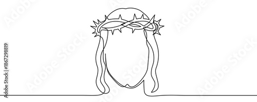 A stylized image of the crown of thorns resting on the head of Jesus Christ. A symbol of suffering, Christianity, and Easter. Drawing in one line art style with editable black stroke. Vector illustrat