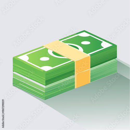 Vibrant green bank notes stacked and banded, depicting financial stability, income, savings, and wealth management with a clean, vector-style design