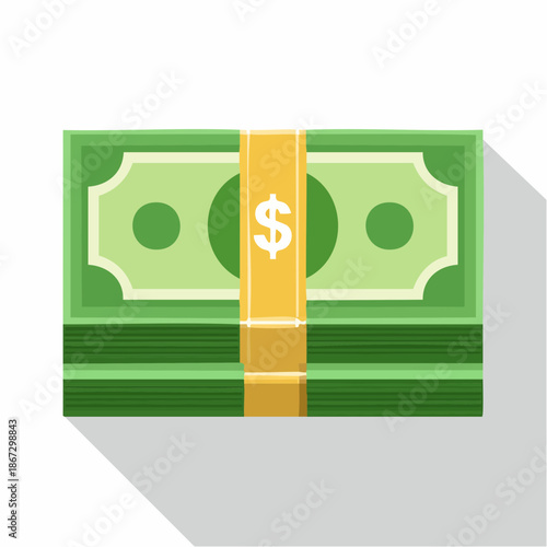 Stylized stack of green paper currency with dollar sign, symbolizing financial success, investment, savings, and economic growth in a clean, flat design illustration