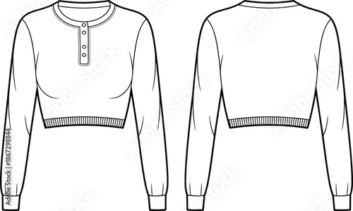 Front and back view of a long-sleeved cropped henley shirt with three buttons cropped shirt long sleeve shirt