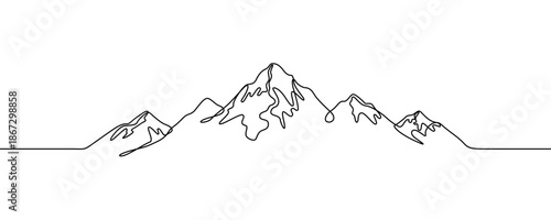 A mountain range with four peaks, one of which dominates the others. A symbol of nature, travel, climbing, and grandeur. Drawing in one line art style with editable black stroke. Vector illustration.