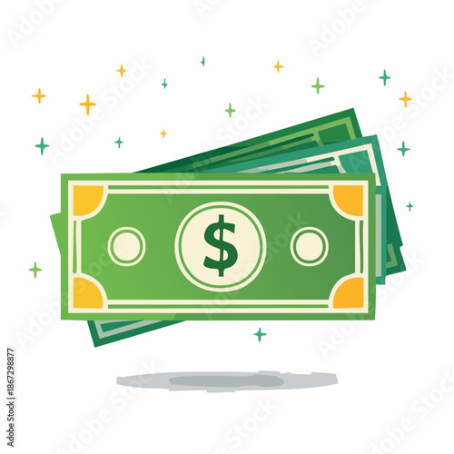 Crisp flat vector illustration of green dollar bills with a dollar sign, symbolizing financial success, wealth, income, and prosperity for banking, investment, and economic concepts