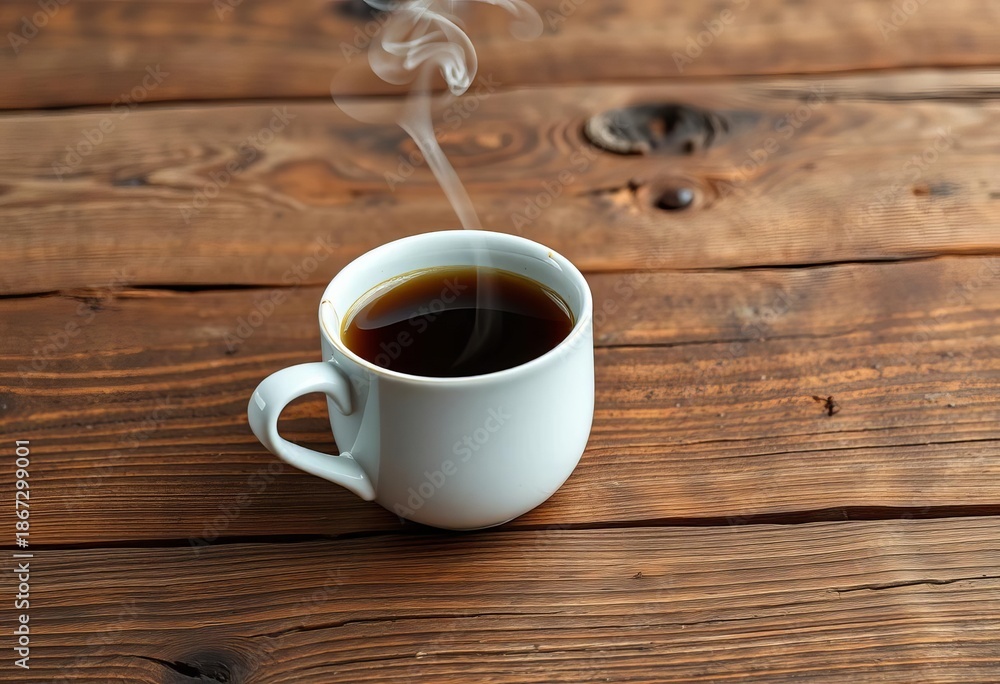 Obraz premium Steaming coffee in ceramic mug on rustic wood , coffee beans, overhead