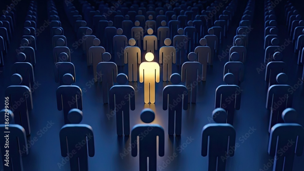 Fototapeta premium Standing Out in the Crowd: An individual figure illuminates, contrasting against a multitude of identical representations, capturing themes of individuality, leadership, and distinctiveness.