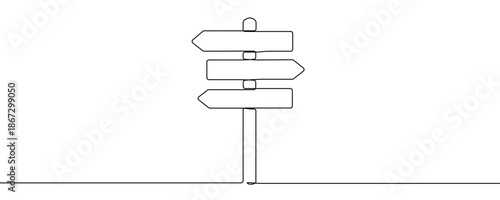 Road sign or post with three horizontal arrow boards. Symbol of direction, path choice or information in one line art style with editable black stroke. Vector illustration.