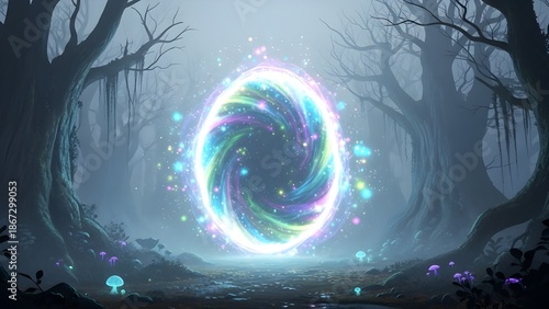 Magical Glowing Portal in an Enchanted Dark Forest with Mysterious Atmosphere and Floating Lights