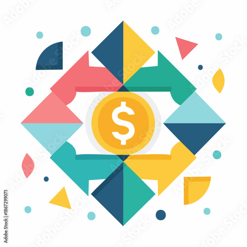 Abstract geometric pattern featuring a central gold coin with a dollar sign, symbolizing financial concepts like wealth, savings, and investment, set against a vibrant, colorful background