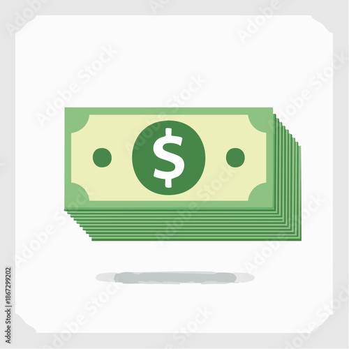 A stack of US dollar bills with a dollar sign in a circle on the top bill, representing financial concepts such as wealth, savings, and currency exchange, presented in a flat design style